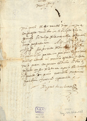 Solicitud de la licencia y el privilegio para la impresión de la primera parte del Quijote, firmado por Miguel de Cervantes